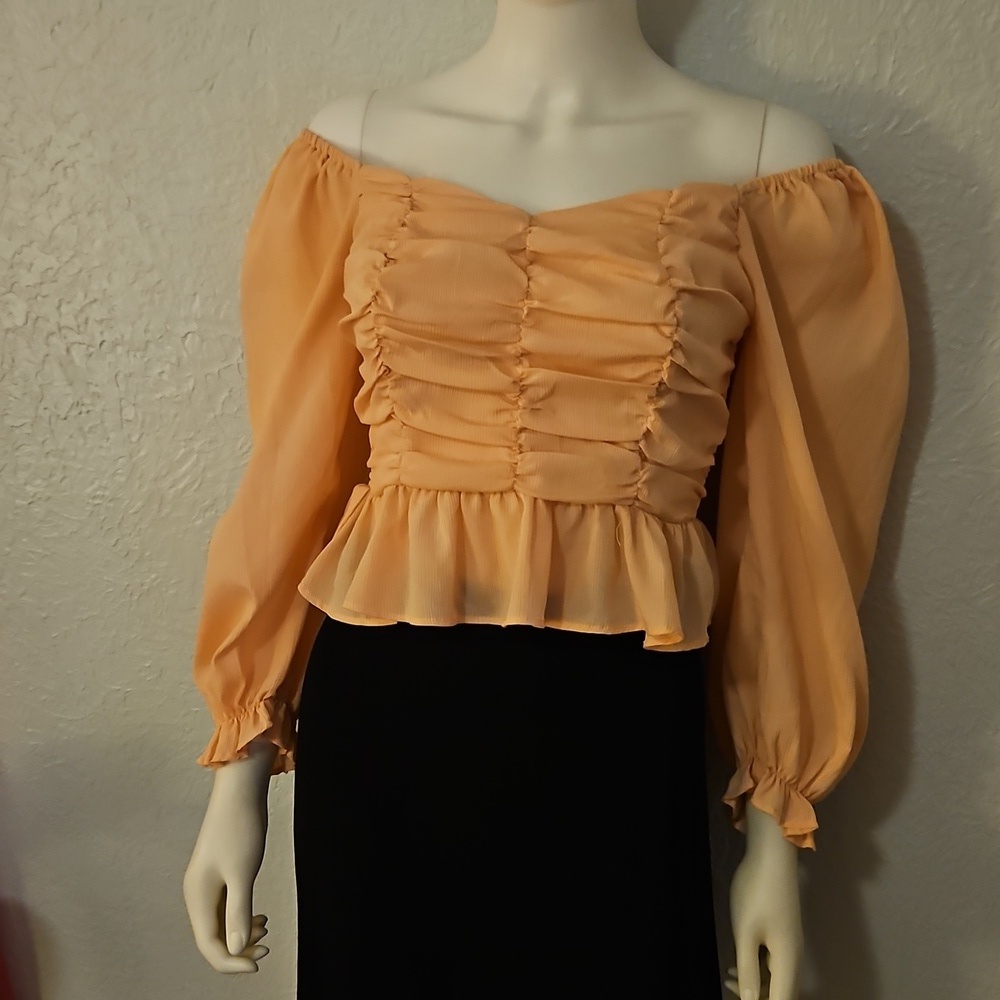 SHE & SKY Peach Off-Shoulder Ruched Peplum Ruffle Smocked Cropped Top - Picture 3 of 8
